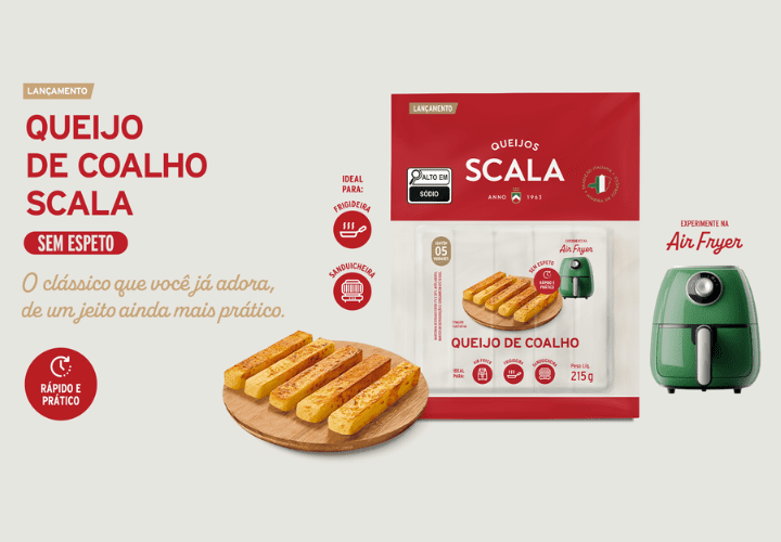 Banner de apresentação de do lançaamento queijo coalho sem espeto da Scala